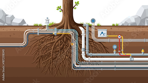 underground infrastructure network with tree roots pipes and cables symbolizing complex hidden systems for resource and data flow management.