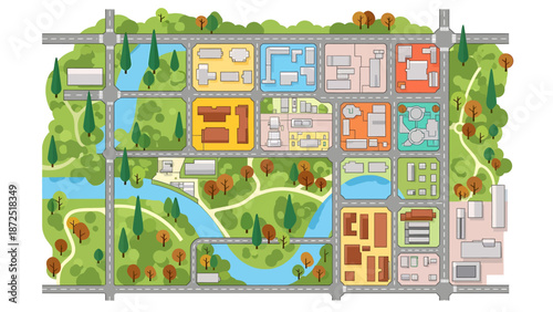 urban city map layout illustration showing roads buildings parks and river for infrastructure and development planning.