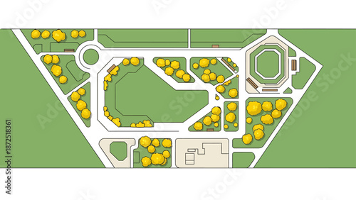 urban park plan with green spaces paths trees a stadium buildings for urban planning and landscape architecture projects.