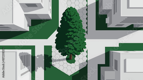 urban planning layout shows modern city blocks with residential buildings green parks and a central tree-lined path for architectural design visuals.