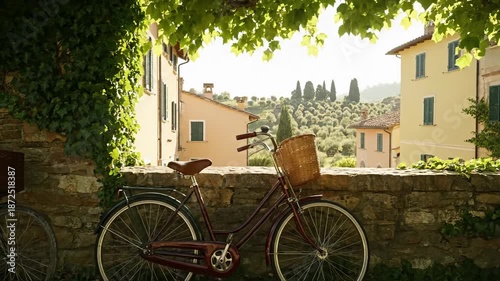 Vintage bicycles parked along a stone wall in a countryside setting
