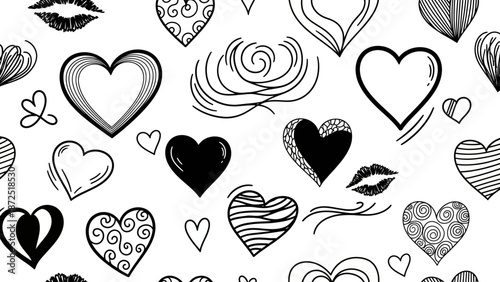 Collection of Hand Drawn Hearts and Lips Seamless Pattern.