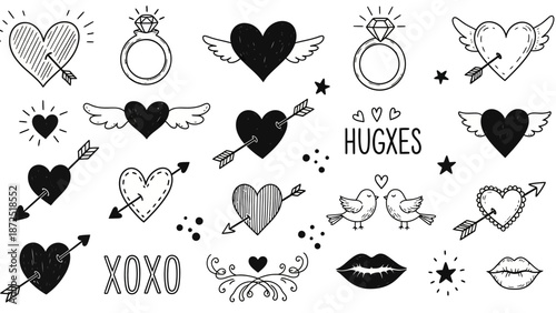 Collection of Hand Drawn Valentines Day Symbols and Icons.
