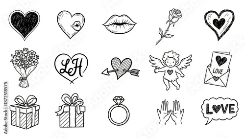 Collection of Hand Drawn Valentines Day Symbols and Icons.