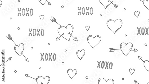 Hand drawn hearts and XOXO text seamless pattern for Valentines Day.