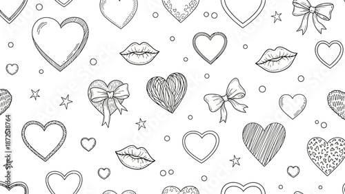 Hand Drawn Hearts Lips and Bows Seamless Pattern.