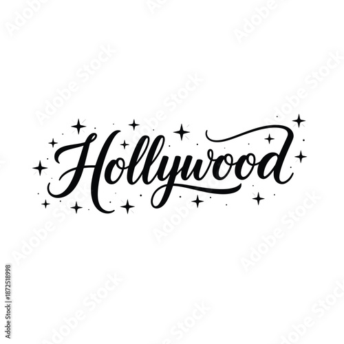 Stylized Calligraphic 'Hollywood' Text with Sparkles Representing Film Industry Glamour and Dream Culture Illustration