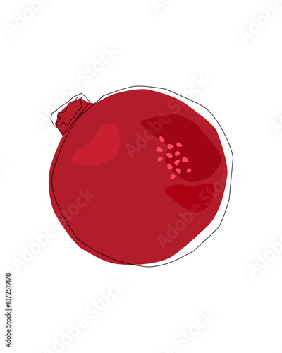 Minimalist vector illustration of a hand-drawn red pomegranate. Modern fruit art symbolizing fertility, prosperity, deep passion, and Mediterranean heritage.