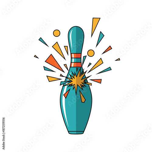 Dynamic bowling pin illustration with a starburst impact effect, playful graphic