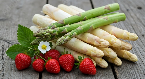 Fresh asparagus spears and ripe strawberries on a wooden table with a white flower fresh produce