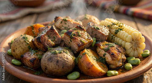 Close-up view of a traditional Peruvian dish called Pachamanca served in a rustic clay bowl.