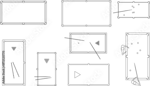 Technical architectural vector collection of billiard and pool table layouts from a top view, including cues and players.