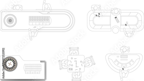 Technical top-view vector set of casino gambling tables, including roulette and poker, with dealer and player silhouettes.