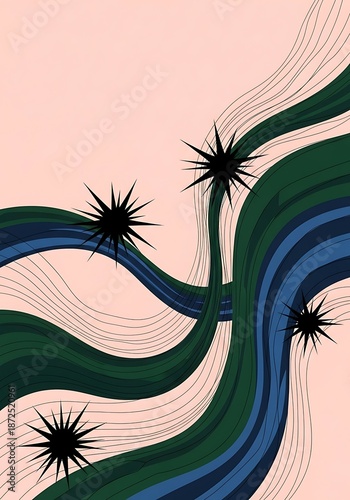 Stylized celestial flow with starburst accents on a soft pastel backdrop