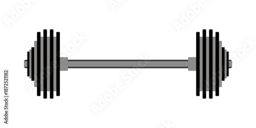 Barbell with heavy weight plates on both sides in flat vector style, isolated on white background