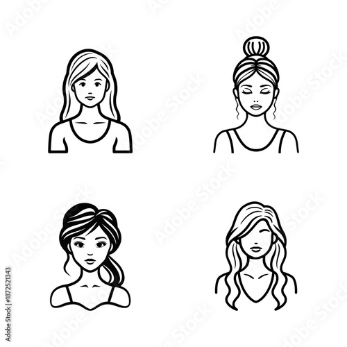 Elegant Sketches: A set of four refined illustrations, each depicting a unique, graceful woman with distinct hairstyles, crafted with simplicity and finesse.
