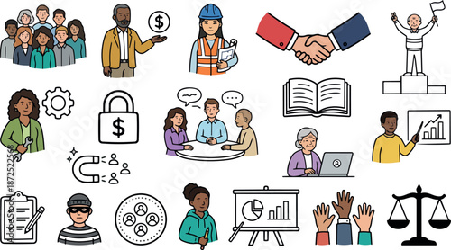 Flat design business icon set showing diverse people, handshake, presentation, scales, magnet, lock with dollar, teamwork scenes in landscape style