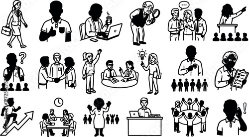Minimalist line art icon set depicting diverse business people performing office actions in simple black and white vector illustration collection