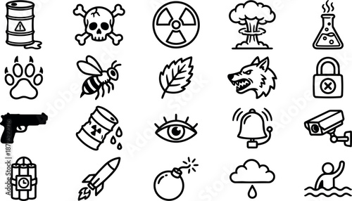 Line icon set showing hazard and safety symbols in grid including skull barrel camera bomb wolf drowning eye lock rocket