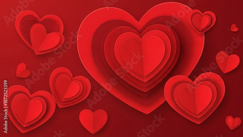 A vibrant digital illustration of layered red hearts on a matching red background