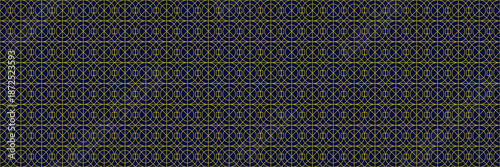 Blue Circle Artdeco Geometrical Seamless Pattern. Elegant Geometric Vector Illustration. Gold Modern Minimal Shapes. Luxury Background. Art Nouveau Outline.