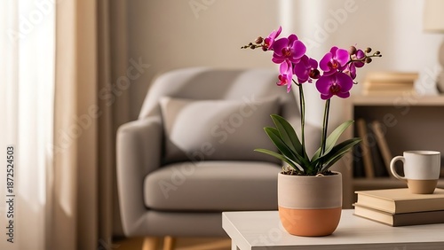 Elegant orchid display beside modern chair within serene indoor ambiance
