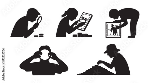 Investigators Silhouettes Examining Evidence on White Background