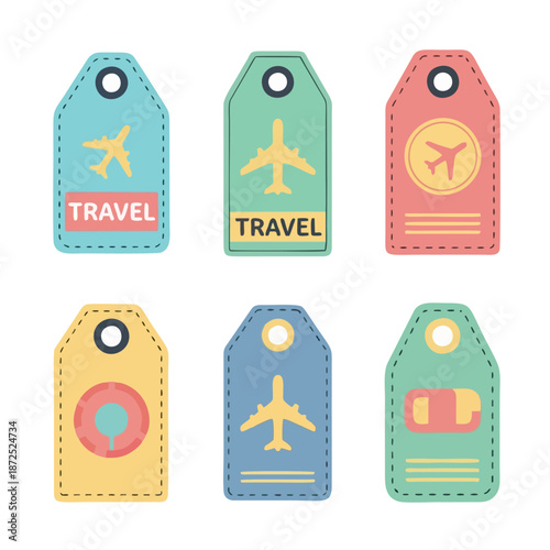Travel luggage tags with airplane and transportation icons for globetrotting adventures