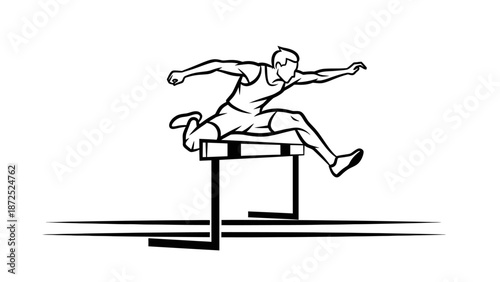 Athlete jumping over hurdle obstacle fast.