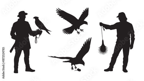 Falconer Training Falcon and Eagle Silhouettes Isolated on White