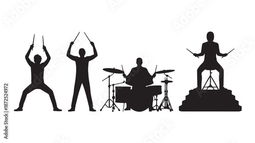 Drummer silhouettes dynamic musical black and white vector illustration for music event promotion.