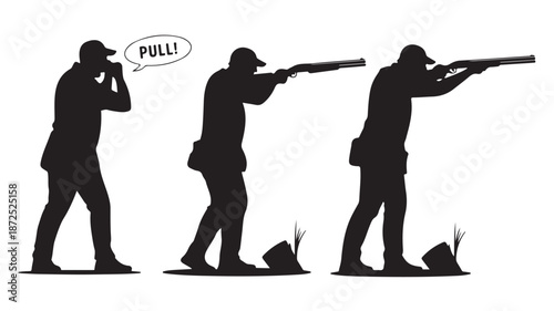 Clay Pigeon Shooter in Dynamic Action Silhouette with Black and White Graphic Style for Sports Illustration.