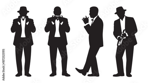 Jazz musicians in suits elegant and classic high contrast black and white clean vector silhouettes for music event promotion and vintage party design.