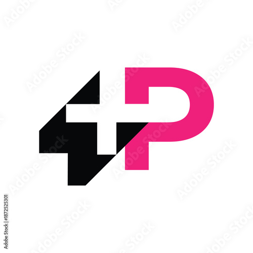 this is a flat logo design that depicts an initial letter P with a plus sign in black and bright pink fuchsia color on a white background