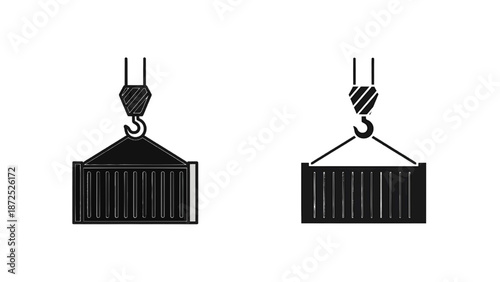 Vector illustration of two cargo shipping containers being lifted by crane hooks, on transparent background
