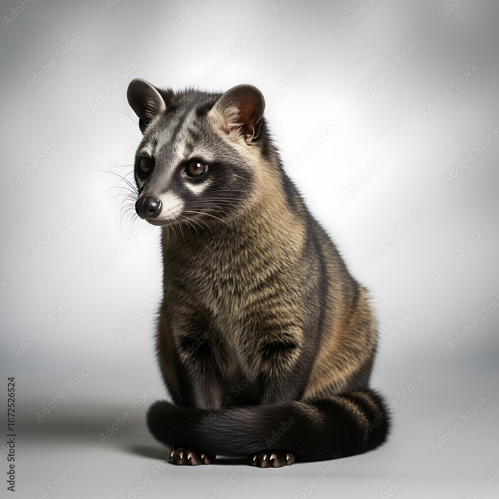 Obraz premium Portrait of a civet cat sitting gracefully on a grey background
