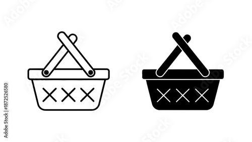 Vector illustration of, on transparent background, a minimalist shopping or picnic basket icon pair