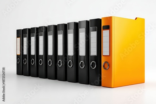 Row of Black and Yellow Ring Binders on White Seamless Background