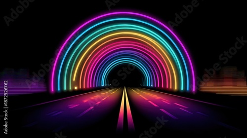 Vibrant Neon Tunnel Leading To Dark Background In 8 Bit Style With Pixelated Glowing Lines And City Silhouette
