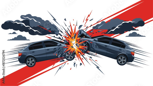 Two cars colliding head-on with a massive impact and destruction