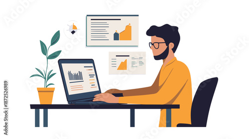 Man Analyzing Data on Laptop Computer.