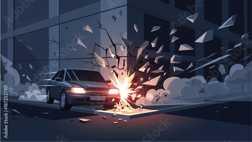 Car crashing into building with explosion and debris at night