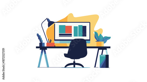 Modern Office Desk Workspace with Computer Monitor.