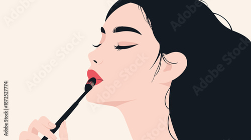 Woman Applying Lipstick to Her Lips.