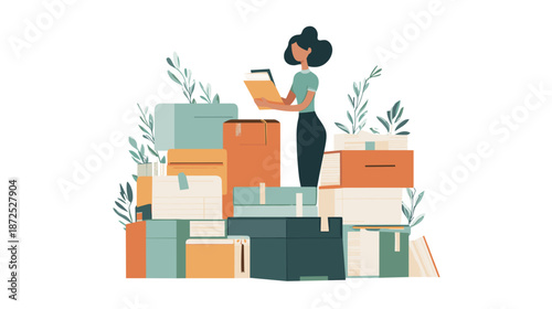 Woman Reading Book Among Stacked Boxes.