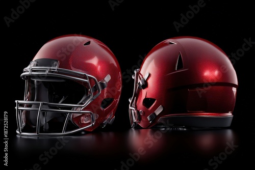 Red Football Helmet with Blue Specks on a Black Background Studio Shot