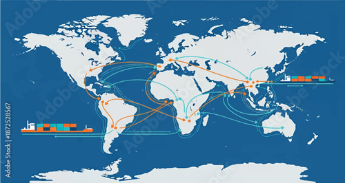 Global shipping routes and cargo vessels on a world map illustration