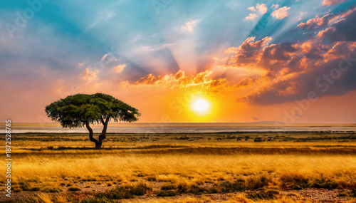 Iconic African Sunset with Lone Acacia Tree in Savanna, sky with golden light and clouds