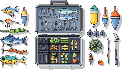 Fishing tackle box and accessories arranged with various lures and hooks