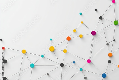 Connected Multicolored Dots with Lines on White Background Network Communication Abstract Design Geometric Arrangement Digital Connectivity Neural Network Concept